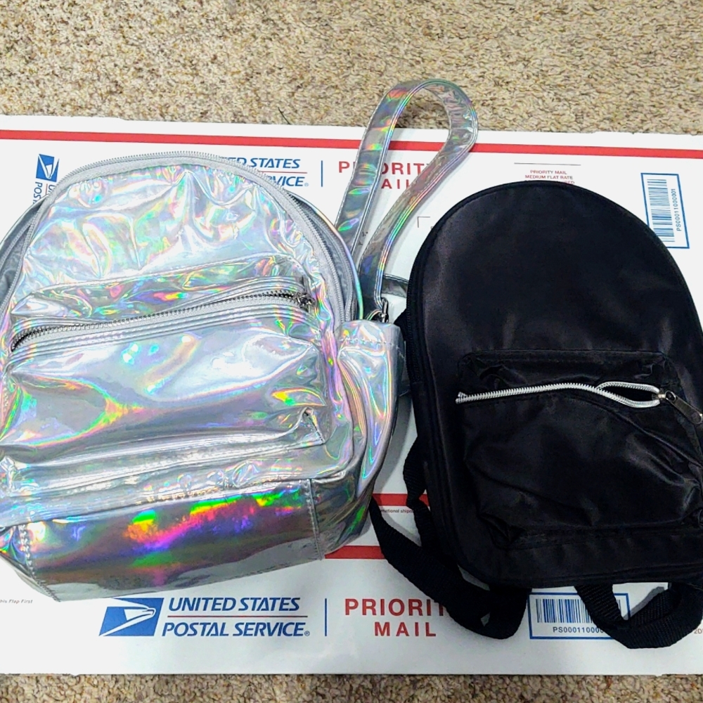 Iridescent and black mini bookbags bundle ❤️😁🤙🏼 silver chrome mini backpack